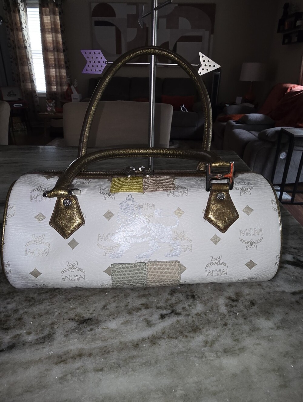 MCM White Logo Barrel Satchel